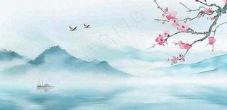 中国风水墨画山水船梅花春天春分清明插画背景