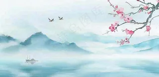 中国风水墨画山水船梅花春天春分清明插画背景