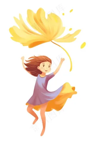女孩少女拿着黄叶起舞美丽的裙摆卡通插画免抠