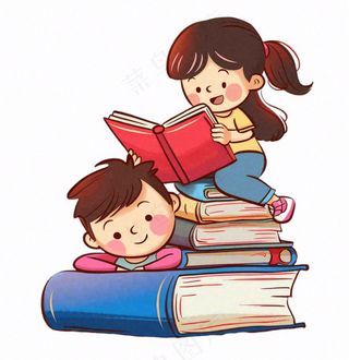 坐着书本上的学生阅读看书人物卡通插画免抠