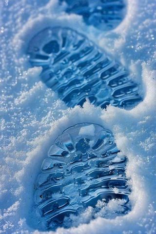 冬天雪地里的脚印蓝白色小雪大雪摄影图