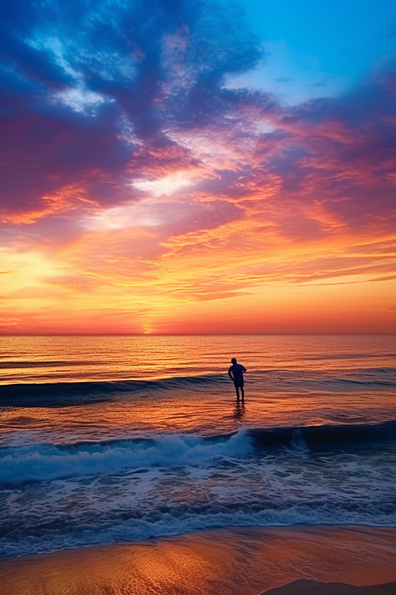 夕阳落日海洋沙滩玩耍的人晚霞美景摄影图(2688x4032)