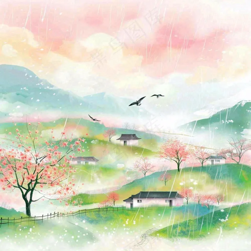 春天春分春暖花开江南山林桃花国画徽式建筑古风水墨插画背景(1024x1024)