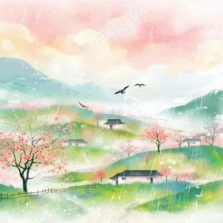 春天春分春暖花开江南山林桃花国画徽式建筑古风水墨插画背景