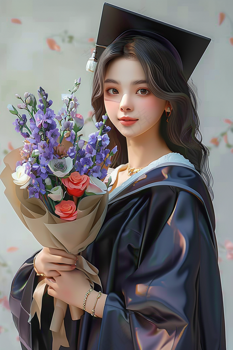 毕业季学士服花束毕业啦3d插画人物建模(2688x4032)