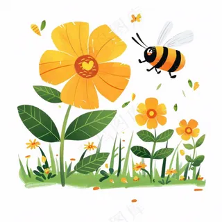 花丛里采蜜的蜜蜂花园卡通插画免抠