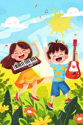 夏日音乐会乐器弹唱儿童草坪欢乐儿童节夏至卡通插画背景