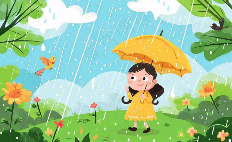 春天雨季女孩打伞在森林公园里嬉戏小草花丛鸟春游踏青雨水谷雨卡通插画背景