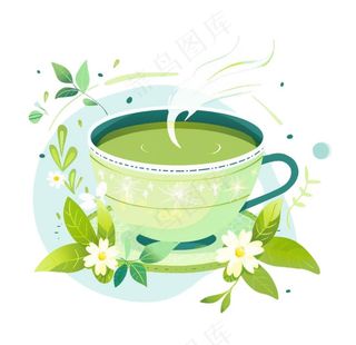 绿茶茶杯青叶清明元素卡通插画免抠