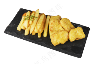 炸鸡块+炸薯条黑盘子高级感PNG素材