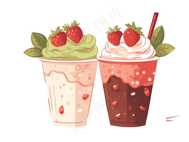 抹茶草莓奶茶奶油夏日清凉饮品卡通手绘插画免抠(1232x928)
