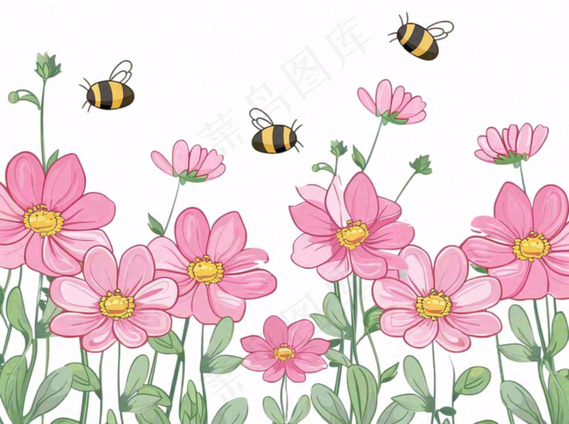 粉色花朵花丛采蜜的蜜蜂昆虫卡通插画免抠(1264x944)