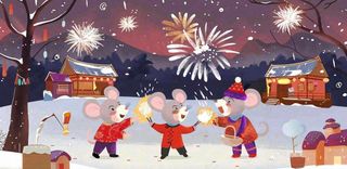 鼠年新年雪地放烟花的老鼠新年春节氛围热闹卡通插画背景