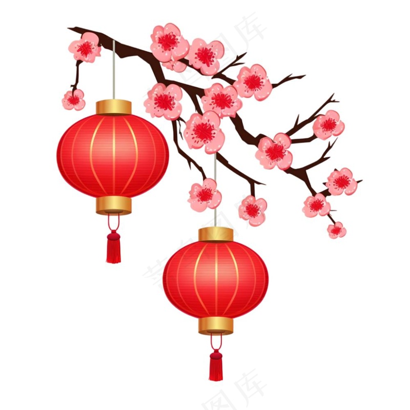 梅花红灯笼新春节日卡通插画免抠