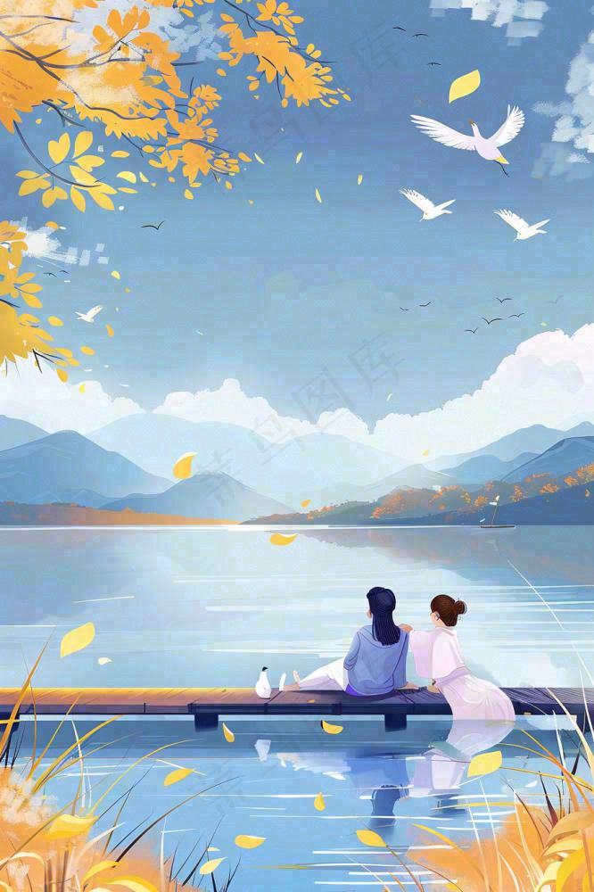 秋天情侣坐着湖边栈道看风景白鹭白露处暑寒露插画背景(896x1344)