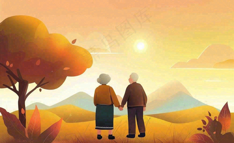 重阳节秋天黄昏老人户外游玩背影插画背景(1408x864)