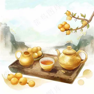 秋天果树杏树下茶壶饮茶卡通插画立秋秋分背景