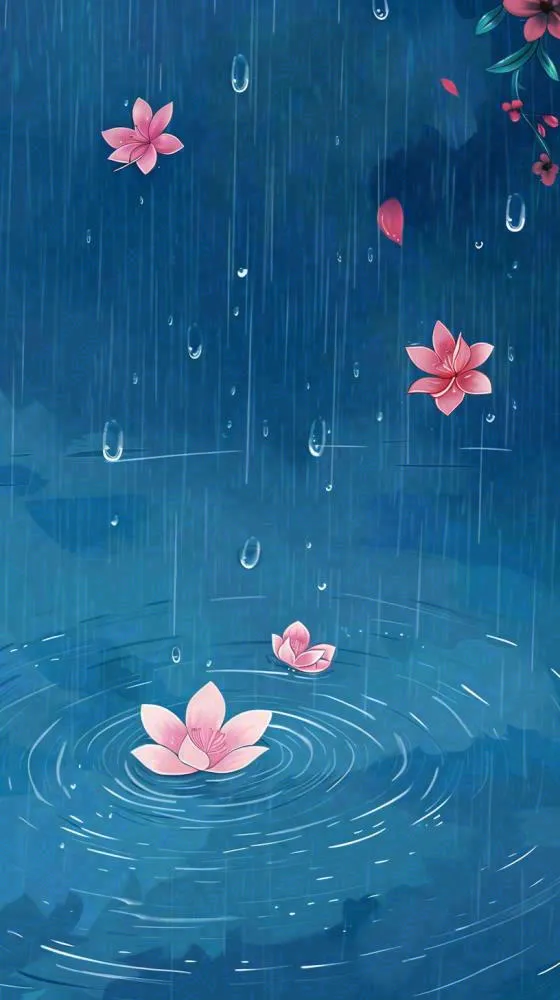 雨天雨滴低落水面泛起涟漪粉色花朵雨水谷雨寒露背景(816x1456)