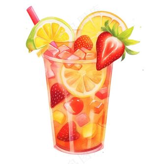 水果茶饮料草莓菠萝橙子柠檬水彩插画免抠