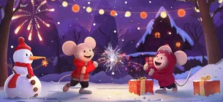 鼠年新年雪地放烟花的老鼠新年春节氛围热闹卡通插画背景