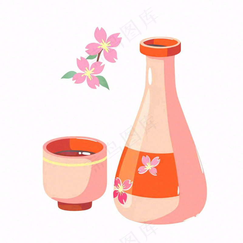 粉色樱花烧酒瓶酒杯水彩插画免抠(1024x1024)