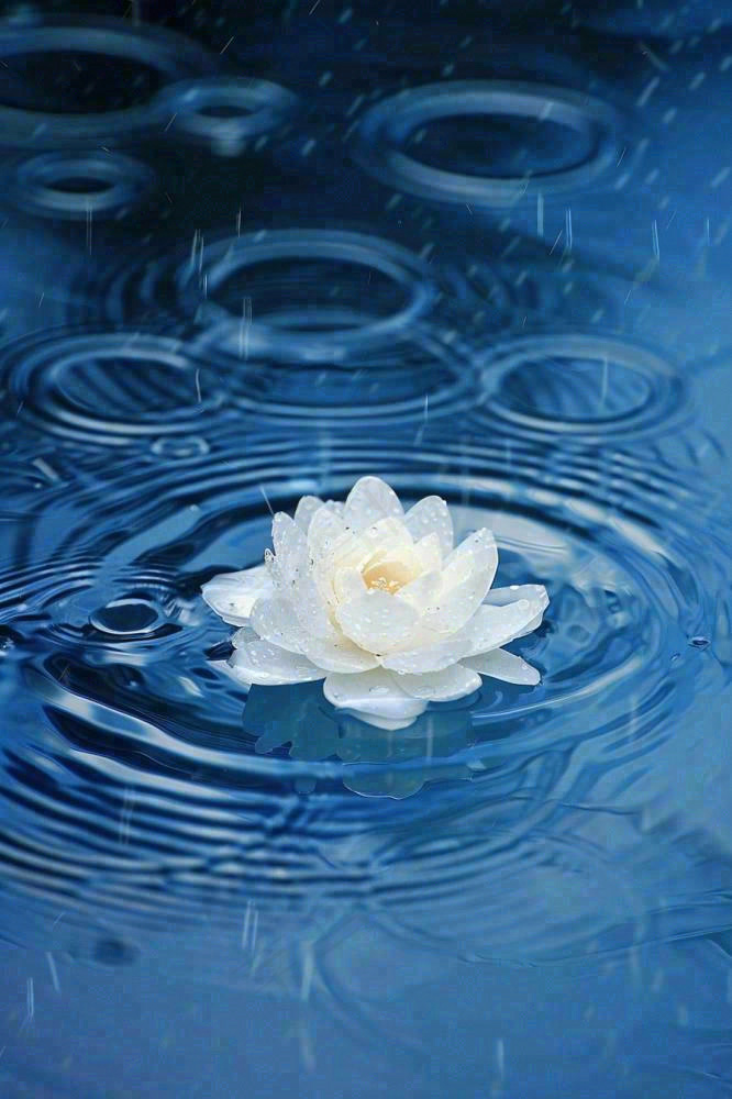 下雨天掉落在蓝色水面的白色花朵清新淡雅雨水处暑寒露摄影图(896x1344)