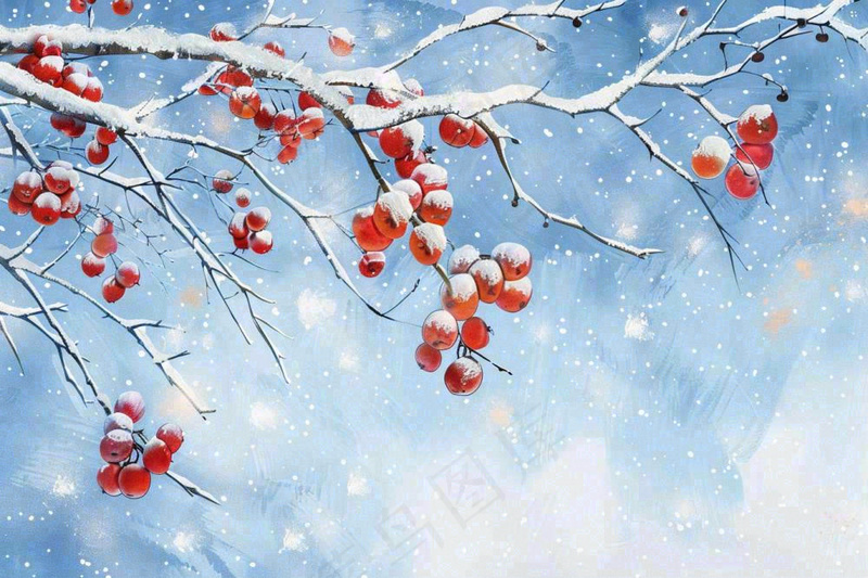 冬天白雪覆盖的红色果实白霜霜降小雪大雪水彩插画背景(1344x896)
