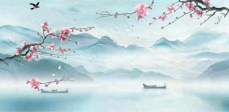 中国风水墨画山水船梅花春天春分清明插画背景(1568x768)