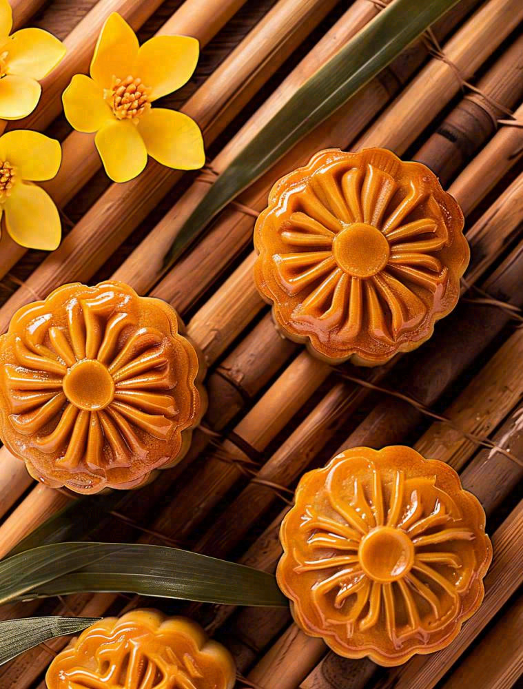 中国传统糕点月饼竹制托盘上的月饼中秋节木制背景摄影图