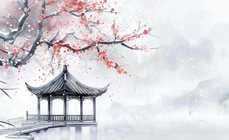 冬天雪景梅花水中凉亭雪花飘落冬至立冬古风小雪大雪手绘水墨国画插画背景(1408x864)