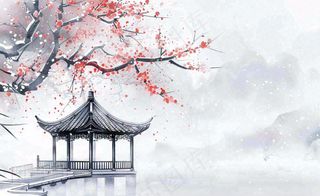 冬天雪景梅花水中凉亭雪花飘落冬至立冬古风小雪大雪手绘水墨国画插画背景