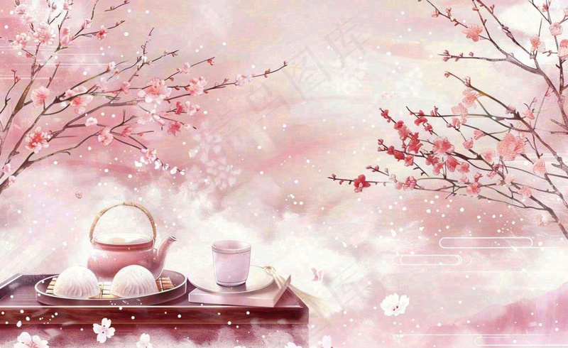 古风冬天冬至新年春节梅花饺子包子酒壶美食植物雪景立冬小雪山水风景插画(1408x864)