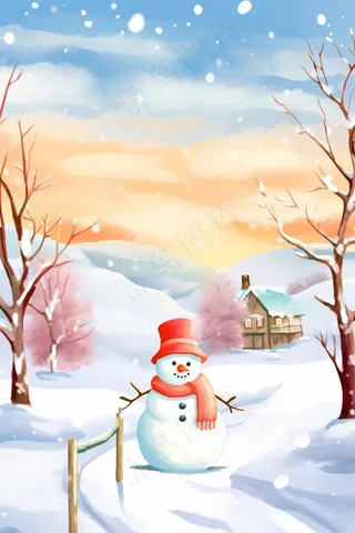 可爱雪景雪人木屋插画背景