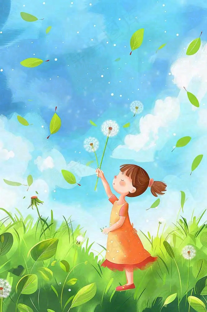 春天蒲公英绿草地蓝天白云红裙子女孩小清新唯美立春春分惊蛰立夏卡通插画背景(896x1344)