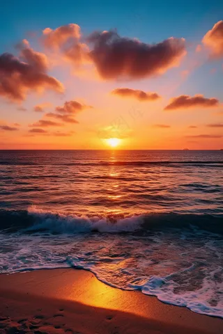 夕阳落日下海洋海面沙滩余晖倒影美景摄影图