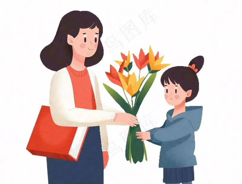 女孩给妈妈送花教师节母亲节卡通插画免抠(1264x960)
