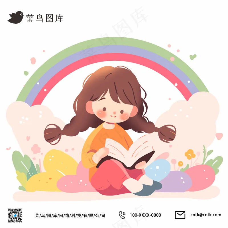 唯美治愈少女看书插画psd模版下载