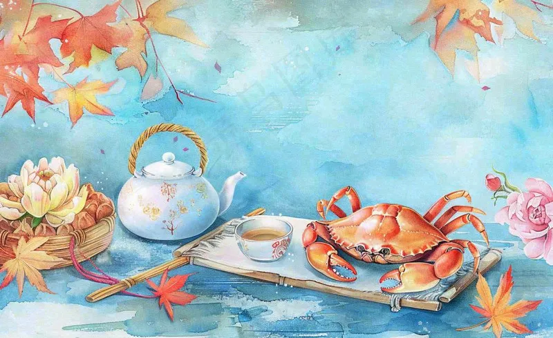 金秋螃蟹红枫叶茶壶水面涟漪中秋重阳秋分寒露水墨水彩插画背景(1408x864)