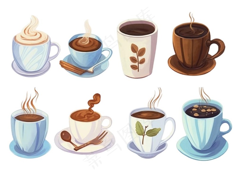 咖啡拿铁甜点下午茶水彩画手绘插画免抠