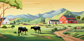 卡通农场畜牧农庄广袤无垠蓝天白云插画背景