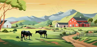 卡通农场畜牧农庄广袤无垠蓝天白云插画背景
