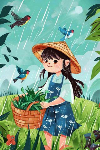 谷雨节气采茶女春天燕子雨水插画