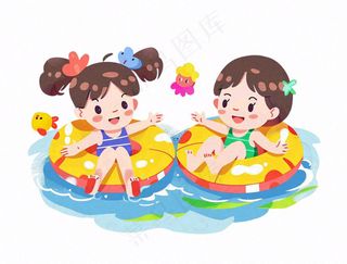 游泳游泳圈儿童水上乐园运动卡通插画免抠