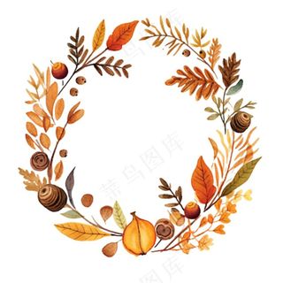 枫叶落叶树叶简约秋天圆形边框水彩画插画免抠