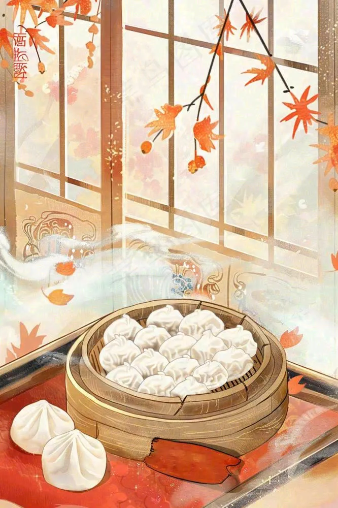 古风插画美食饺子包子梅花古风窗户冬至插画背景(896x1344)