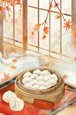 古风插画美食饺子包子梅花古风窗户冬至插画背景