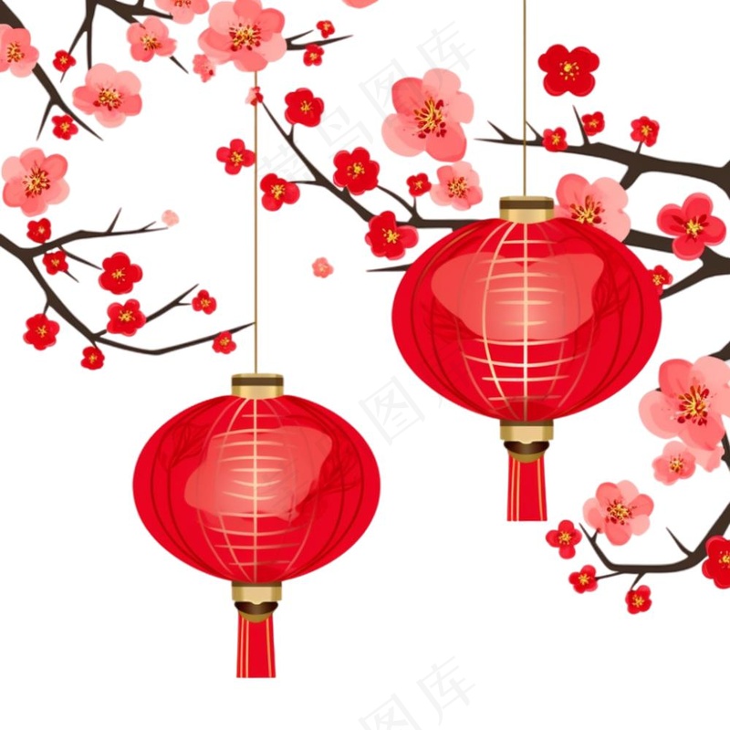 梅花红灯笼新春节日卡通插画免抠(1024x1024)