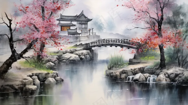 江南小镇小桥流水国画水墨画素材背景(4368x2448)
