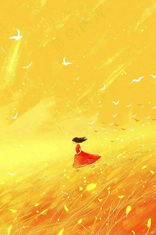 秋天金黄背景花丛红裙子少女白鹭立秋秋分白露插画背景(896x1344)