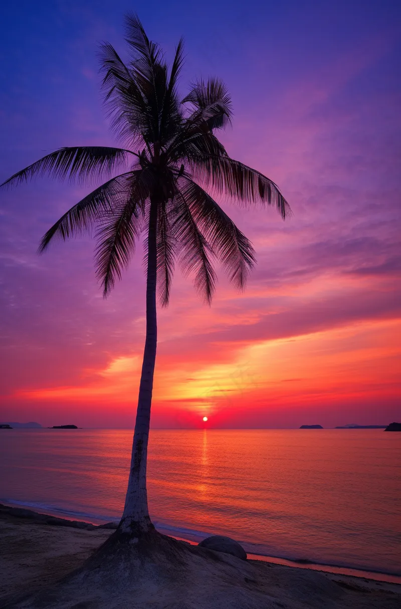 海边沙滩夕阳晚霞日出椰树摄影图(2688x4080)
